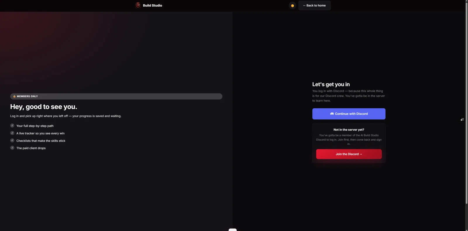 The private builder community learning login connected to Discord