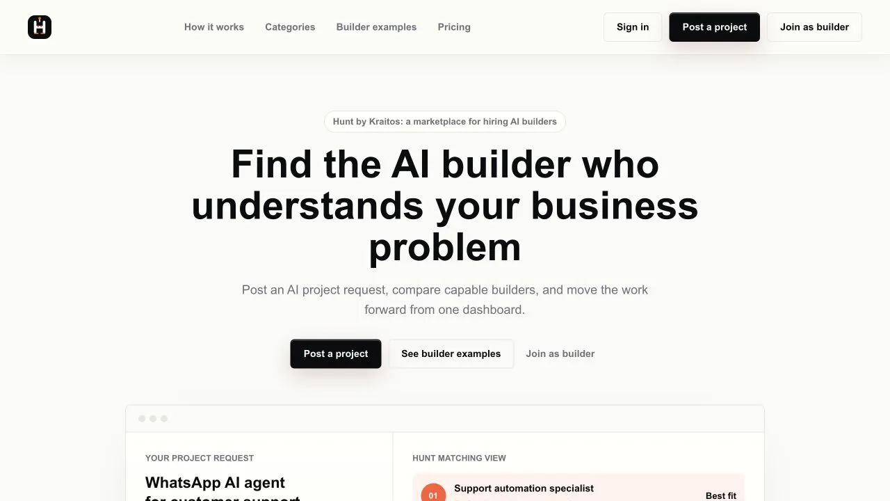 The live Hunt AI builder marketplace homepage showing project posting and builder matching
