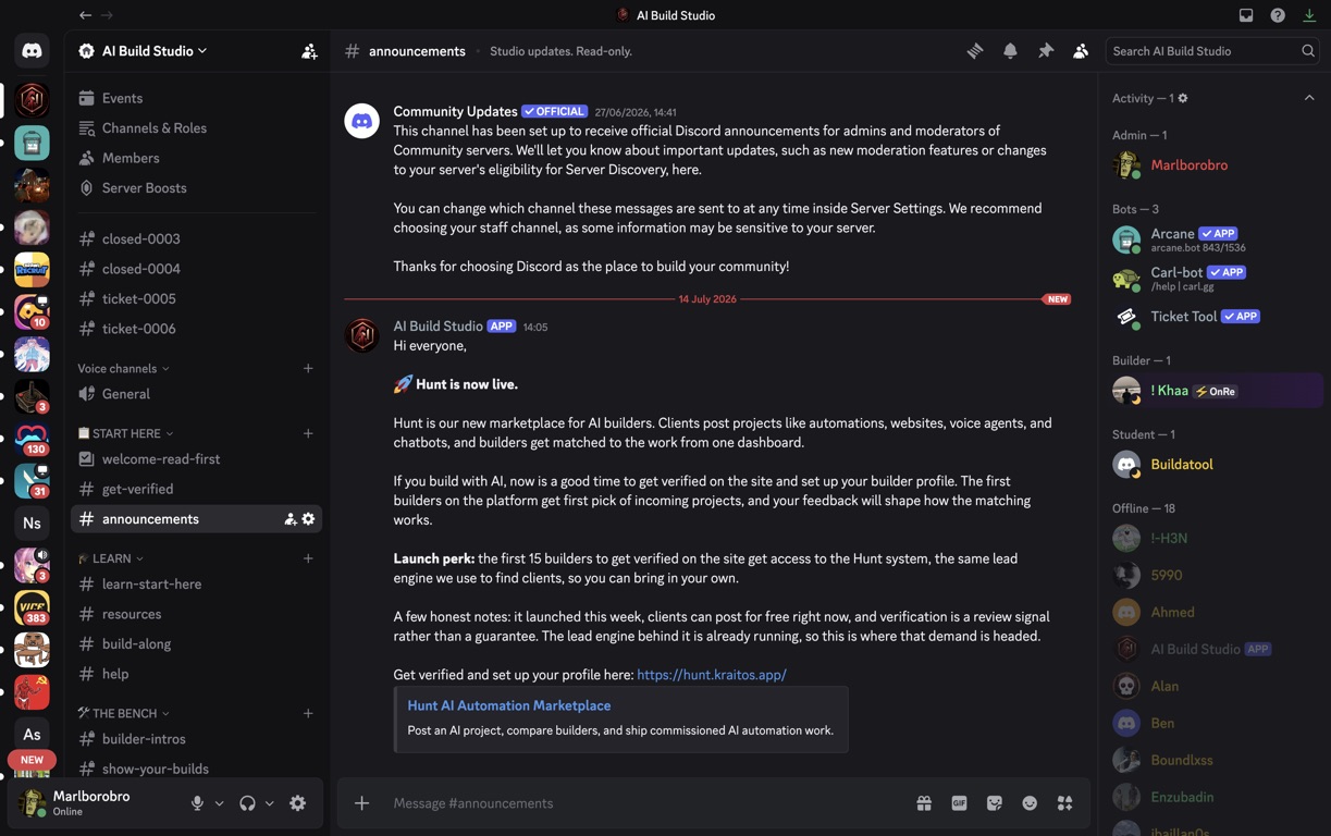 The private builder Discord showing channels, an official Hunt launch announcement, bots, and builder roles