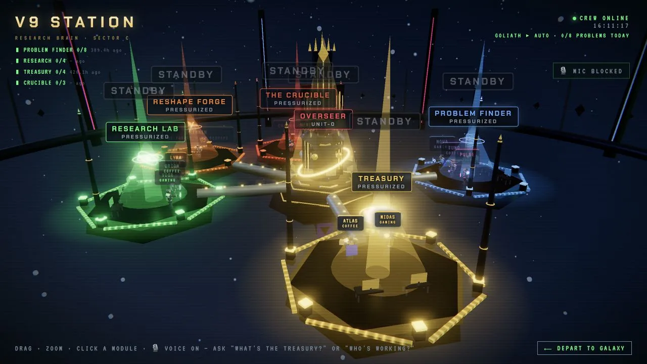 The V9 research station showing connected research modules and autonomous agents