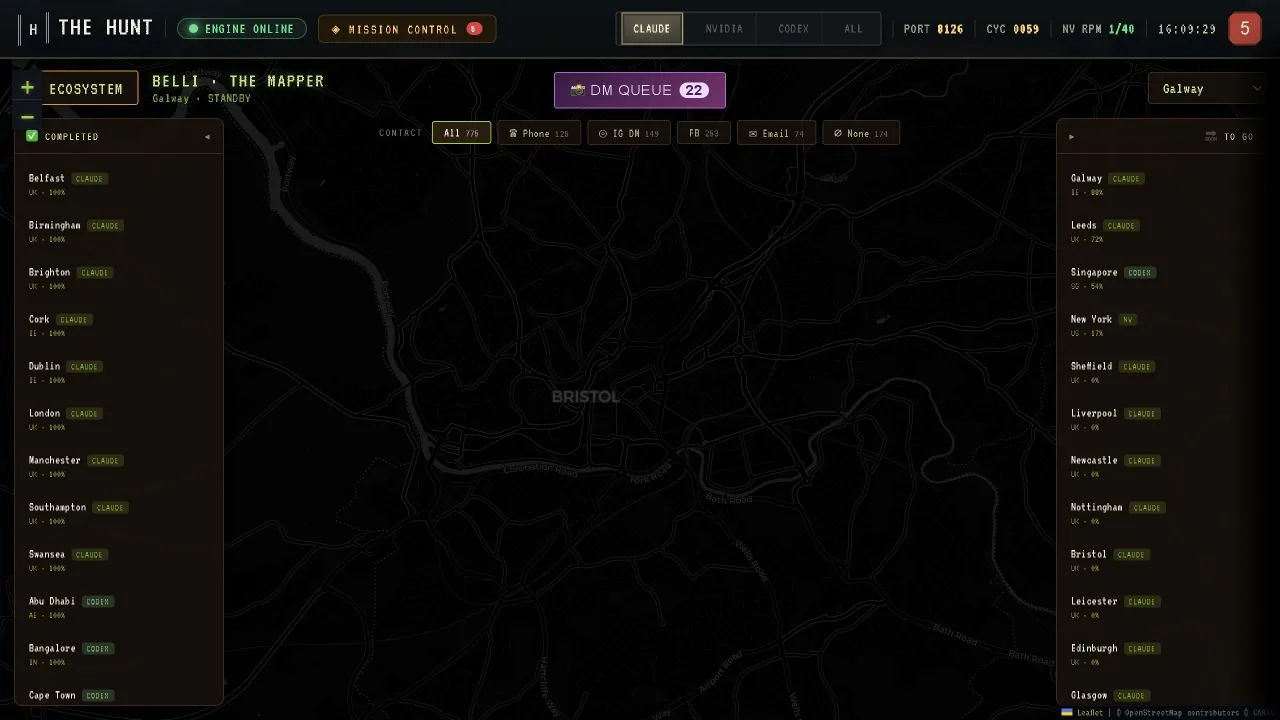 Belli's map interface with sample markers illustrating how researched leads appear by city and contact channel