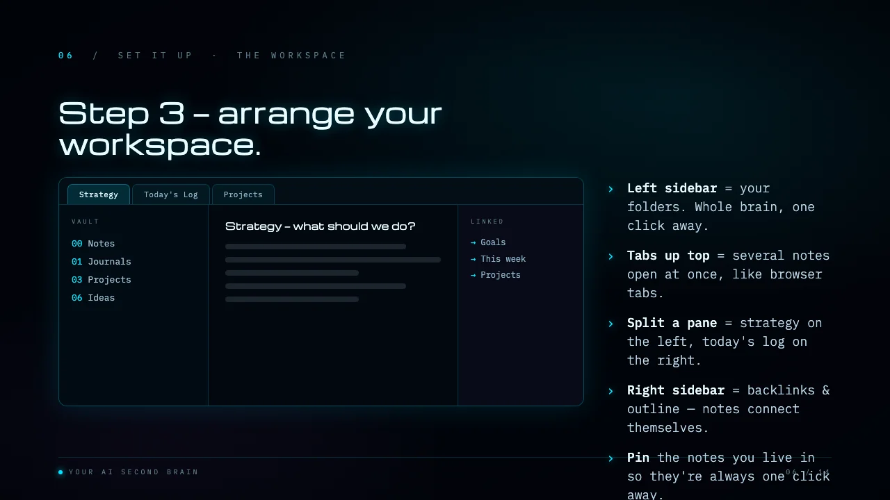The Obsidian workspace structure behind Noah's second brain, showing folders, working notes, and linked context